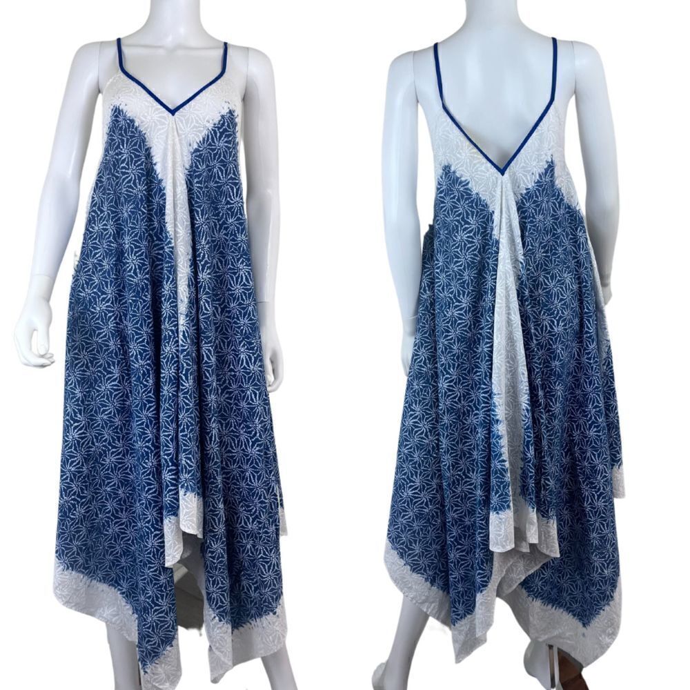 Roller Rabbit Women Blue White Cotton Maxi Pullover Handkerchief Cover Up Dress